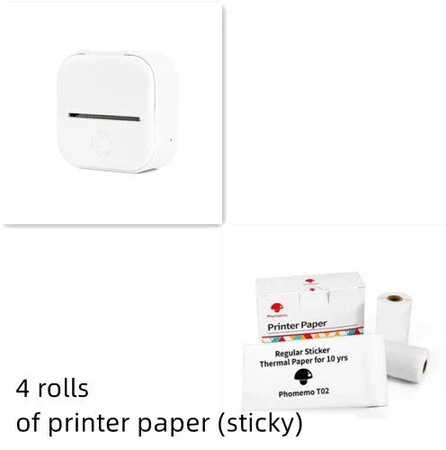 Compact white thermal label printer with four rolls of sticky printer paper