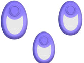 Three oval-shaped, purple and white tech accessories with a button on top, modern design