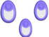 Three oval-shaped, purple and white tech accessories with a button on top, modern design