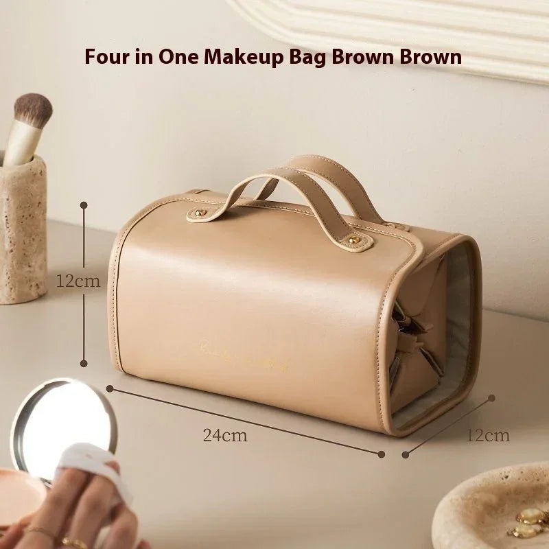 Beige brown leather makeup bag with handles, rectangular shape, measuring 24x12x12 cm
