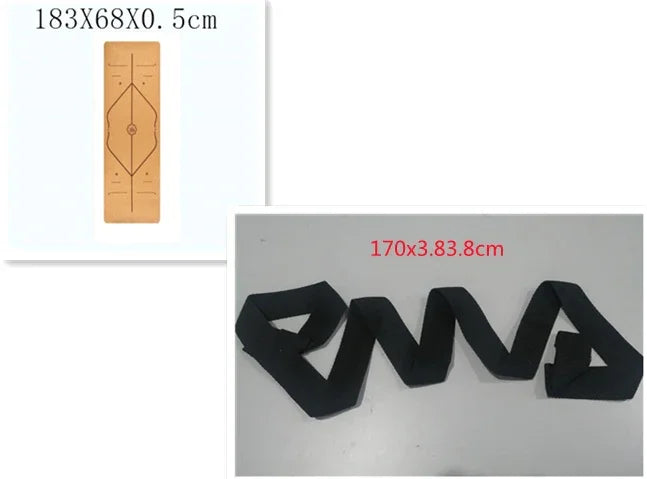 Beige yoga mat with geometric pattern and black exercise band, both with dimensions shown.