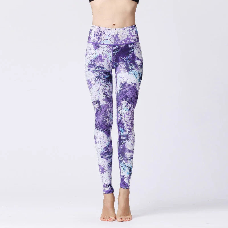 Purple marble print high-waisted leggings, slim fit, soft stretch material