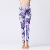 Purple marble print high-waisted leggings, slim fit, soft stretch material