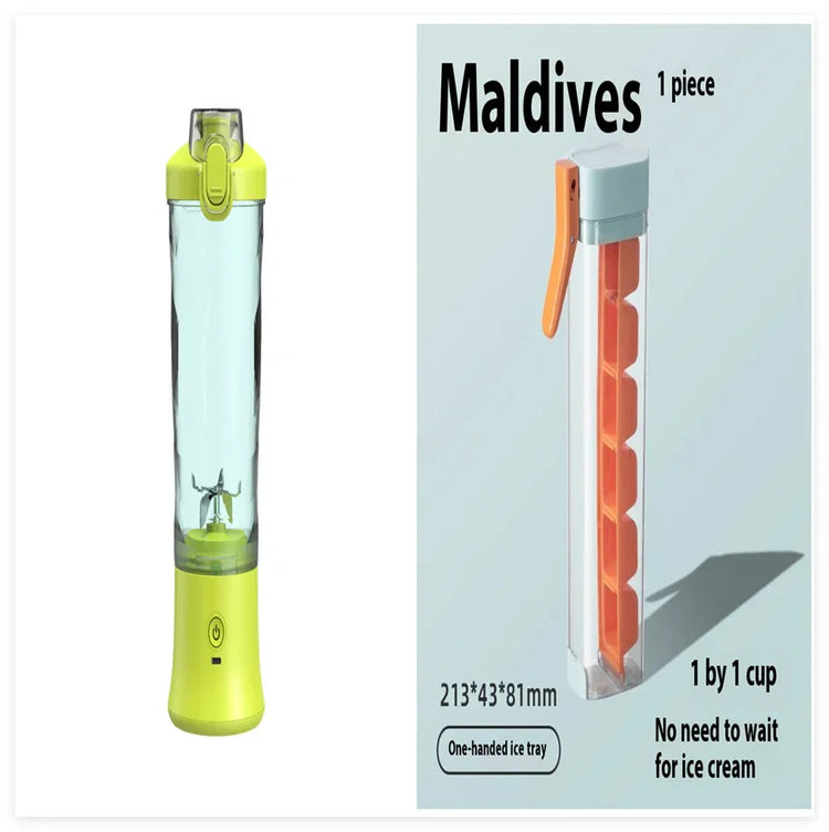 Portable yellow blender bottle and one-handed orange ice tray for convenient kitchen use