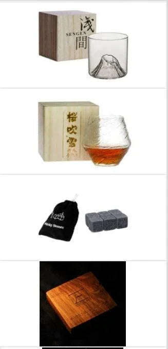 Glassware gift set with textured whiskey glasses, wooden boxes, and whiskey stones, elegant design.