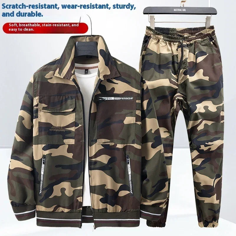 Men’s camo print jacket and jogger pants set, lightweight, breathable, relaxed fit.
