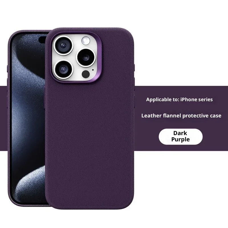 Dark purple leather flannel iPhone case with slim fit, modern protective design.
