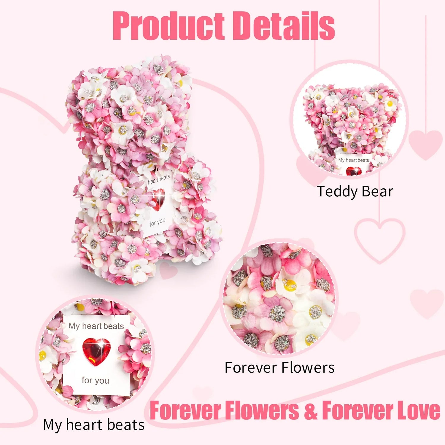 Pink and white artificial flower teddy bear with heart-shaped embellishments, romantic gift idea