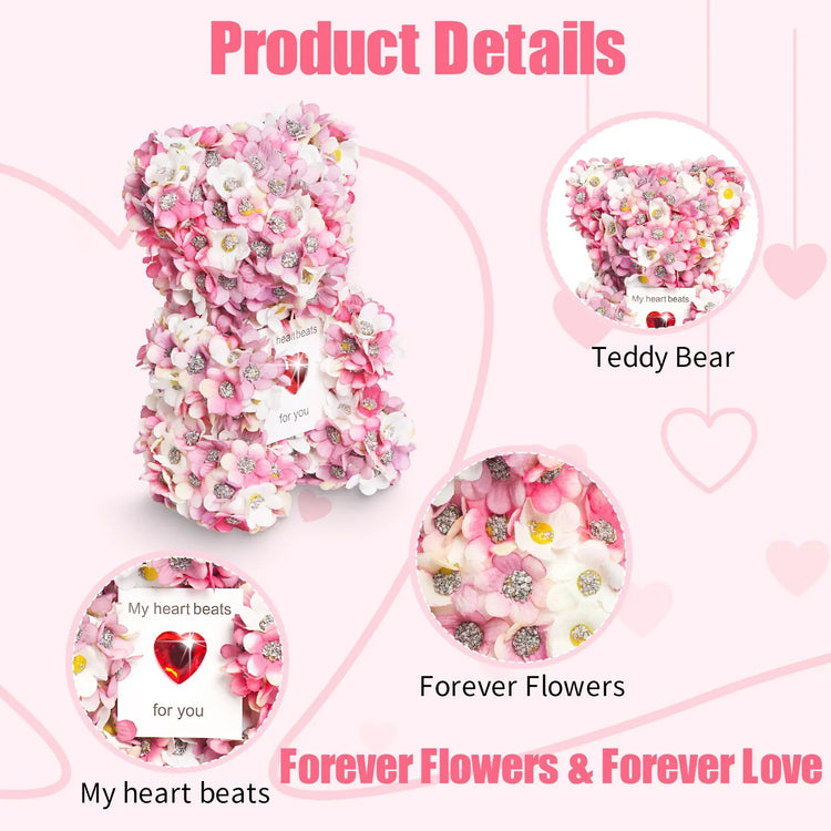 Pink and white artificial flower teddy bear with heart-shaped embellishments, romantic gift idea