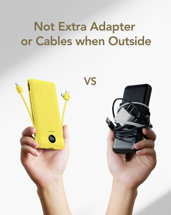 Hand holding slim yellow power bank with built-in cables versus bulky black charger with wires