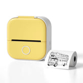 Compact yellow portable thermal printer with printed paper roll featuring a bus illustration
