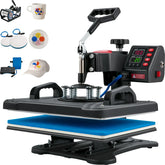 Digital heat press machine for clothing, mugs, hats and plates, with black metal design and blue pad