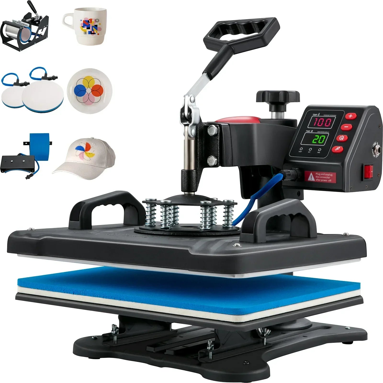 Digital heat press machine for clothing, mugs, hats and plates, with black metal design and blue pad