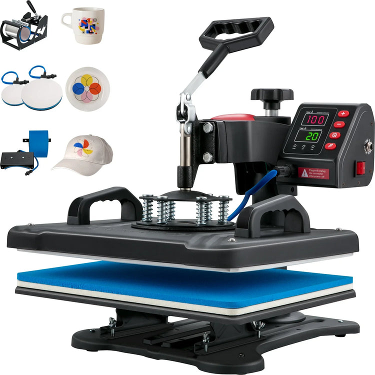 Digital heat press machine for clothing, mugs, hats and plates, with black metal design and blue pad