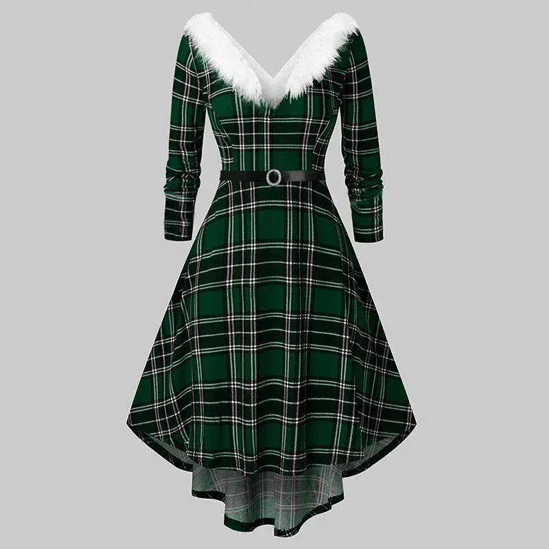 Green plaid A-line dress with faux fur V-neck, long sleeves, belted waist, and high-low hem