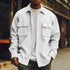 Man wearing a white oversized button-up shirt jacket with chest pockets, casual streetwear style