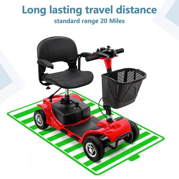 Red mobility scooter with black seat and front basket, four wheels, and ergonomic design