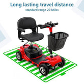 Red mobility scooter with black seat and front basket, four wheels, and ergonomic design