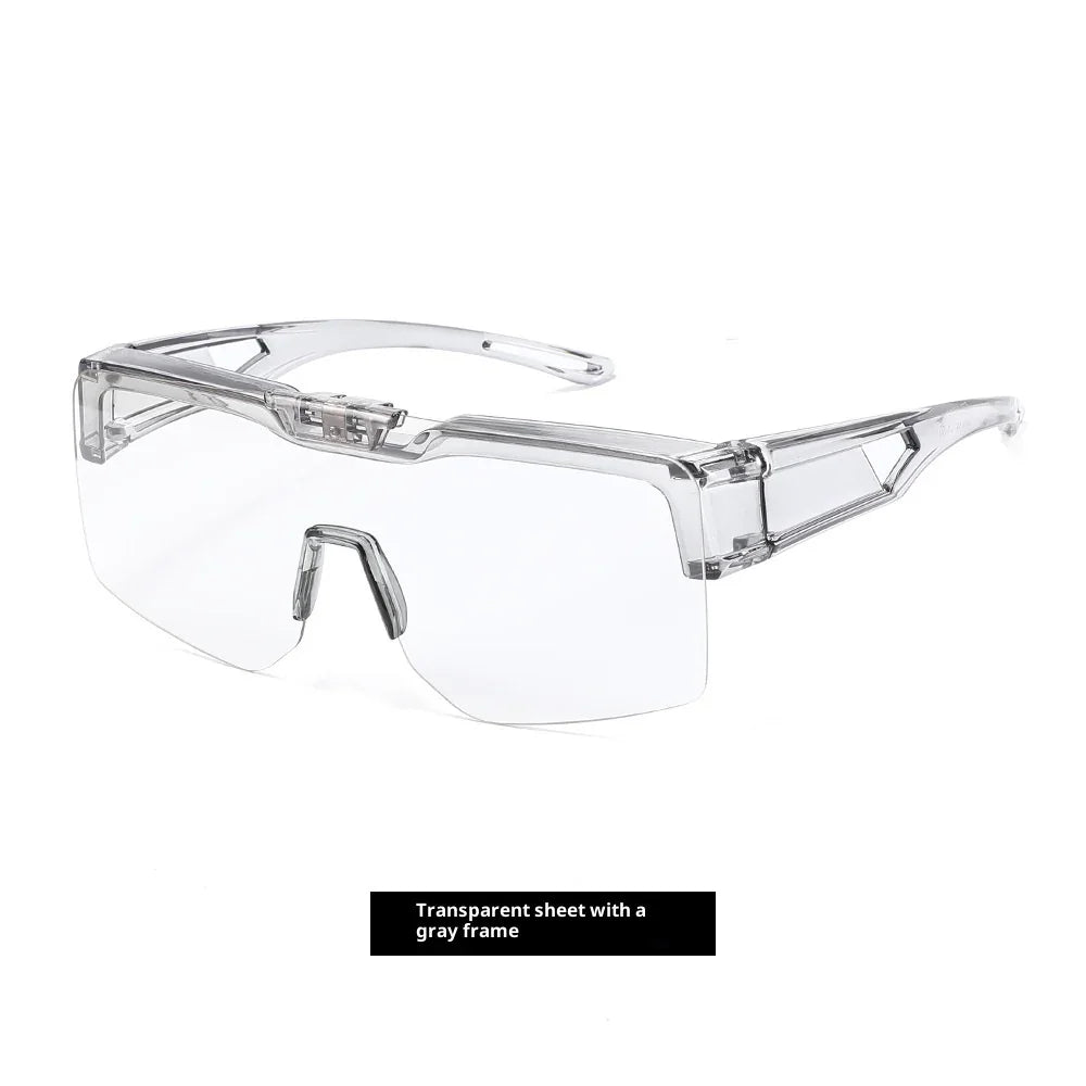 Futuristic oversized clear visor sunglasses with transparent plastic frame, unisex streetwear accessory