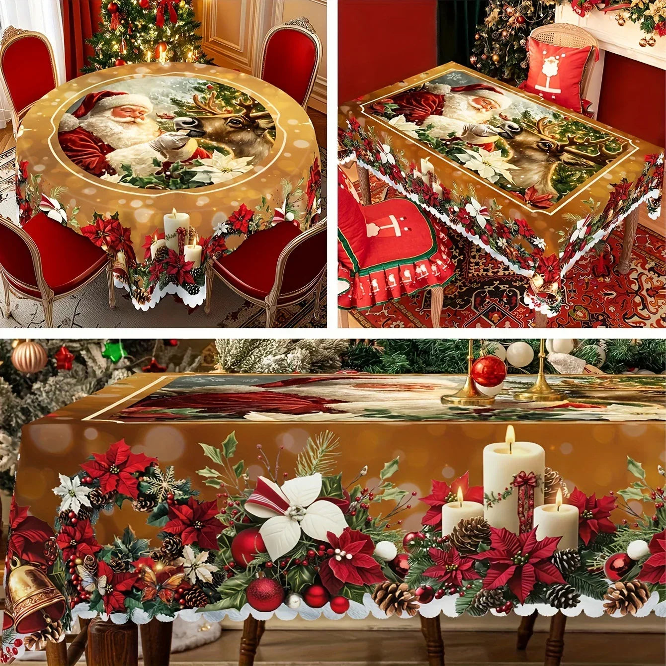 Festive Christmas tablecloths with Santa, reindeer, poinsettias, candles, and gold accents