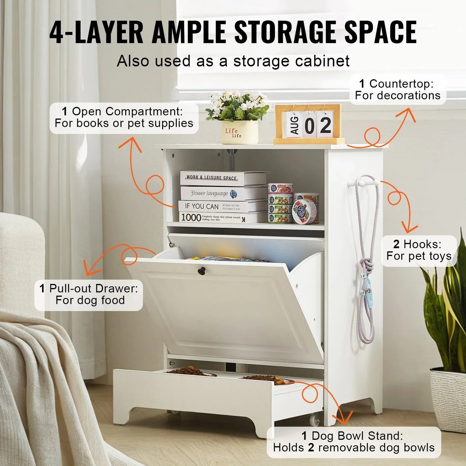 White 4-layer storage cabinet with open shelf, pull-out drawer, dog bowl stand, and hooks for pet toys.
