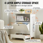 White 4-layer storage cabinet with open shelf, pull-out drawer, dog bowl stand, and hooks for pet toys.