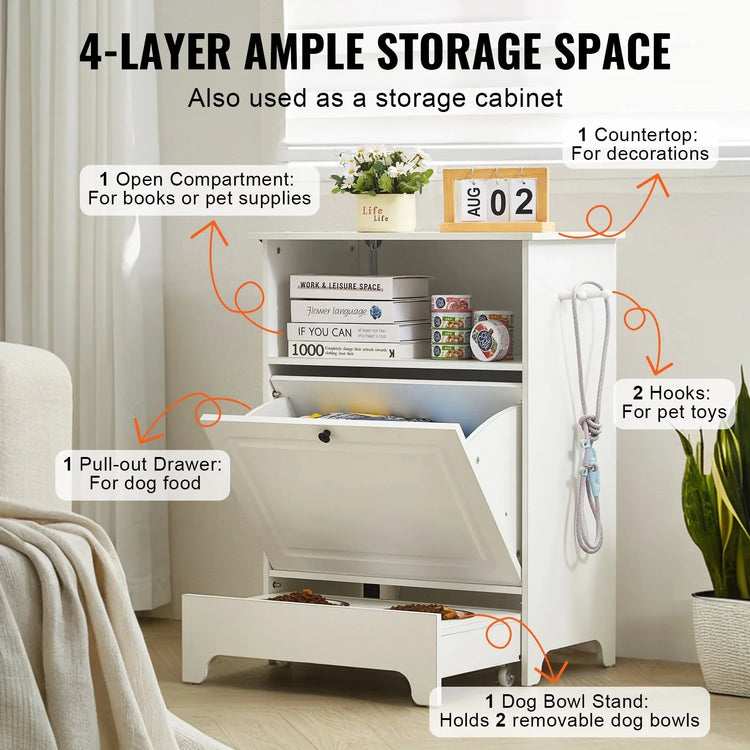 White 4-layer storage cabinet with open shelf, pull-out drawer, dog bowl stand, and hooks for pet toys.