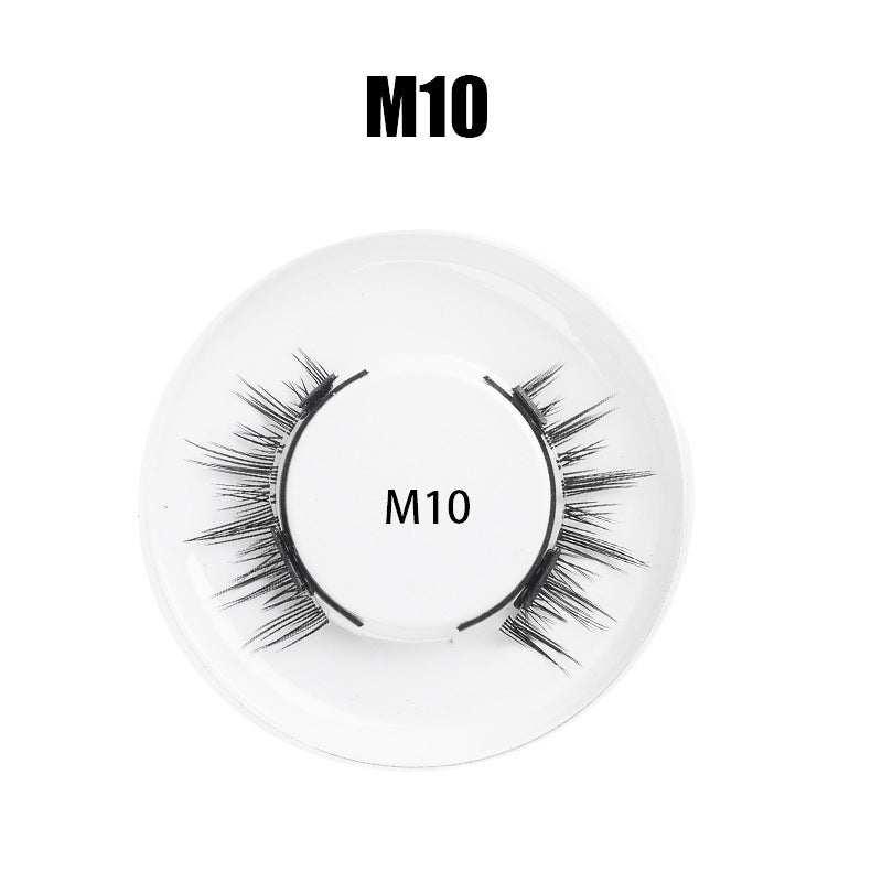 Black synthetic false eyelashes M10 style in clear round case, wispy and voluminous design.