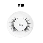 Black synthetic false eyelashes M10 style in clear round case, wispy and voluminous design.