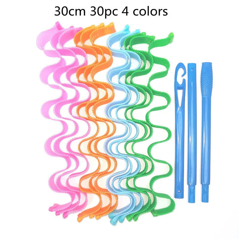 Colorful spiral hair curlers in pink, orange, blue, and green with blue application tools