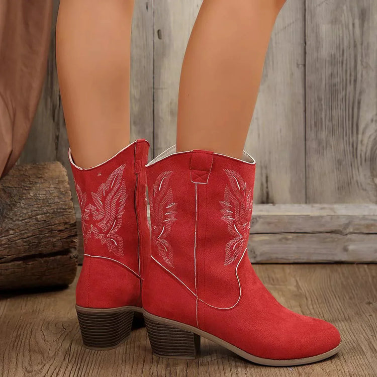 Red suede western boots with white embroidery, mid-calf height, chunky low heel