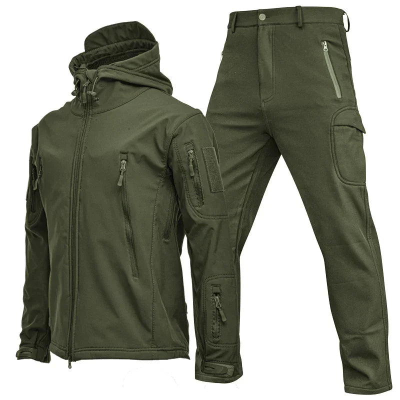 Olive green tactical jacket and pants set, zippered pockets, modern slim fit, durable fabric