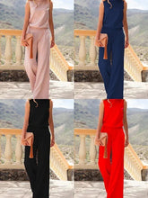 Woman modeling sleeveless pants set in pink, navy, black, and red with relaxed fit