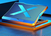 Futuristic metallic laptop with bold blue accents and angular design on a modern grid surface