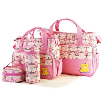 Set of pink floral-patterned bags with cartoon bear, soft fabric, spacious and zippered.