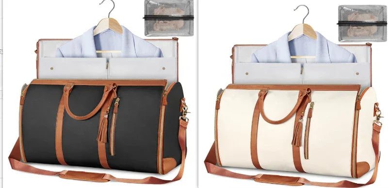 Two travel duffel bags in black and cream canvas with brown leather trim, spacious compartment, shown with neatly packed shirts and zippered pouch, highlighting modern functional style.