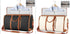 Two travel duffel bags in black and cream canvas with brown leather trim, spacious compartment, shown with neatly packed shirts and zippered pouch, highlighting modern functional style.
