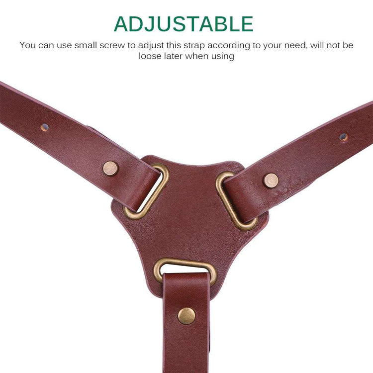 Adjustable brown leather strap with brass hardware and reinforced stitching, close-up view