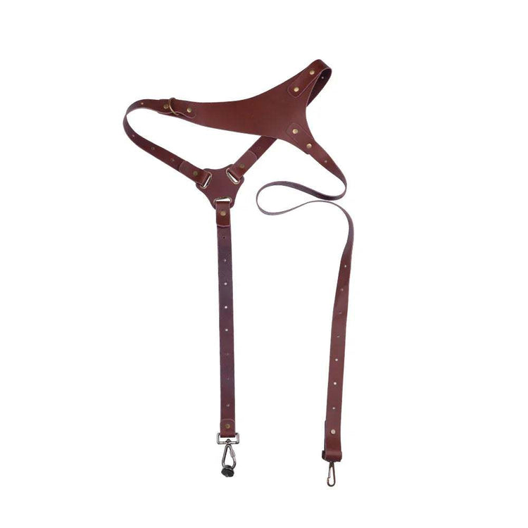 Brown leather harness with adjustable straps and metal hardware, urban streetwear accessory