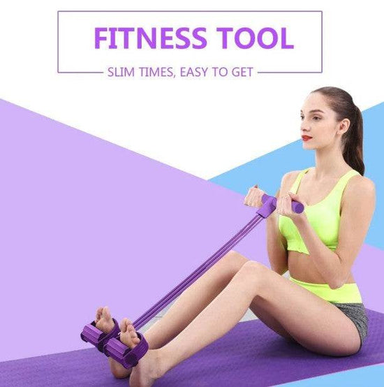 woman using portable fitness resistance band with pedal for full body workout at home