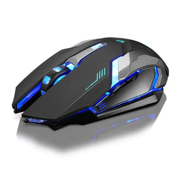 Futuristic black and blue wireless gaming mouse with LED lighting and angular design