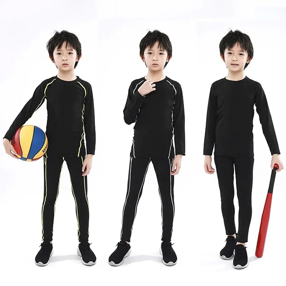 Kids wearing black athletic long-sleeve shirt and leggings with colored side stripes, slim fit.
