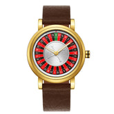 Gold round watch with roulette-style dial and brown leather band, modern streetwear accessory