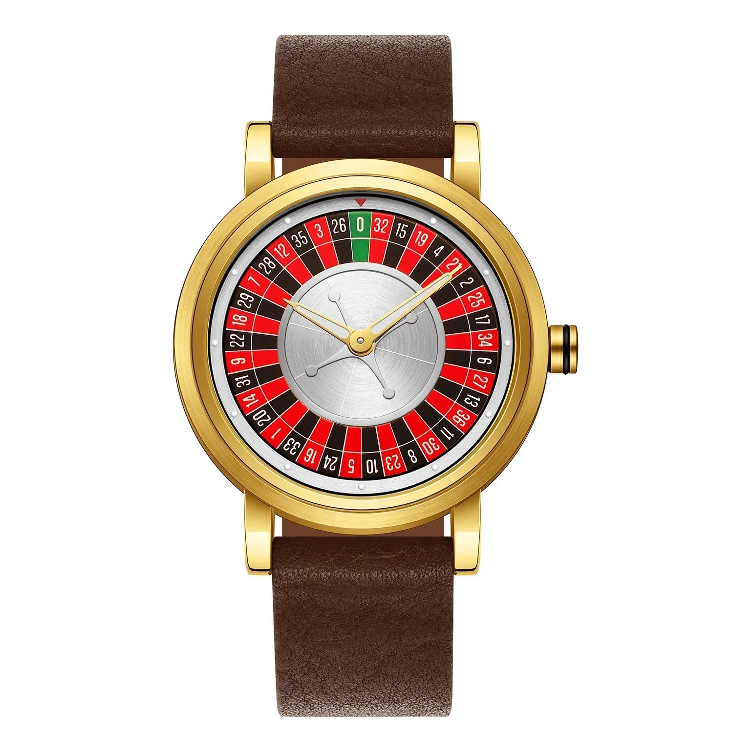 Gold round watch with roulette-style dial and brown leather band, modern streetwear accessory