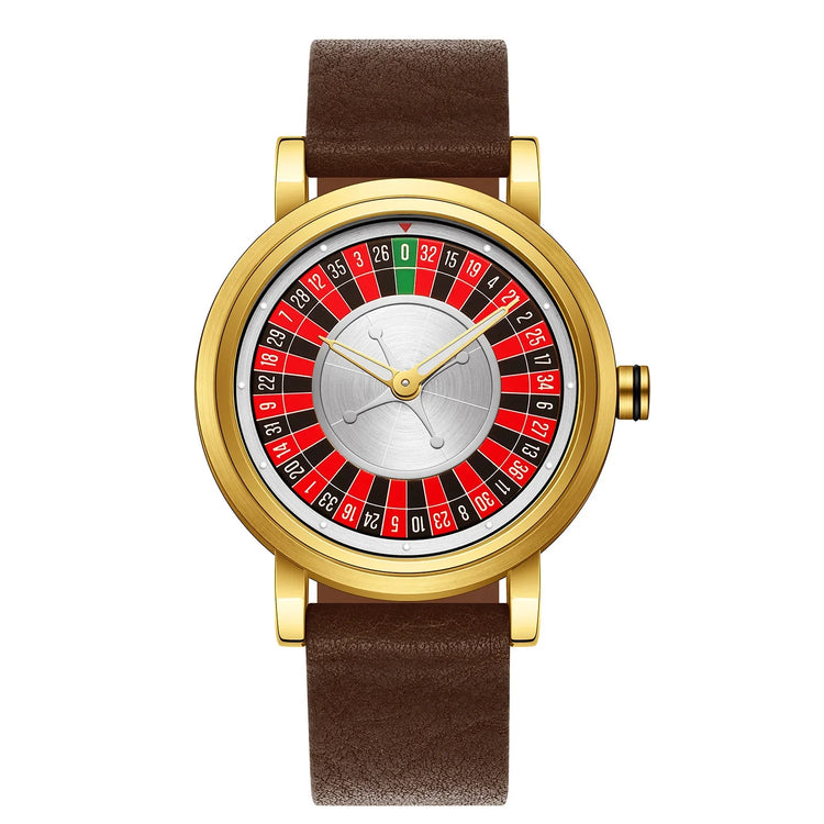 Gold round watch with roulette-style dial and brown leather band, modern streetwear accessory