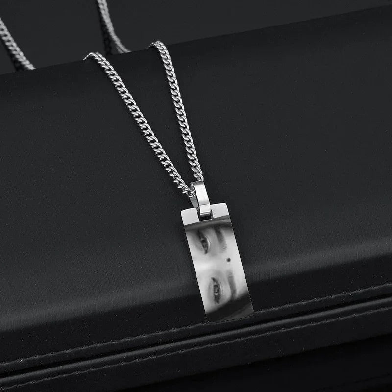 Silver rectangular pendant necklace with engraved face, modern minimalist streetwear jewelry
