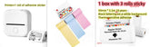 Mini white portable printer with roll of adhesive sticker paper and thermal printer paper in yellow, blue, pink, and white.