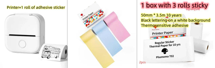 Mini white portable printer with roll of adhesive sticker paper and thermal printer paper in yellow, blue, pink, and white.