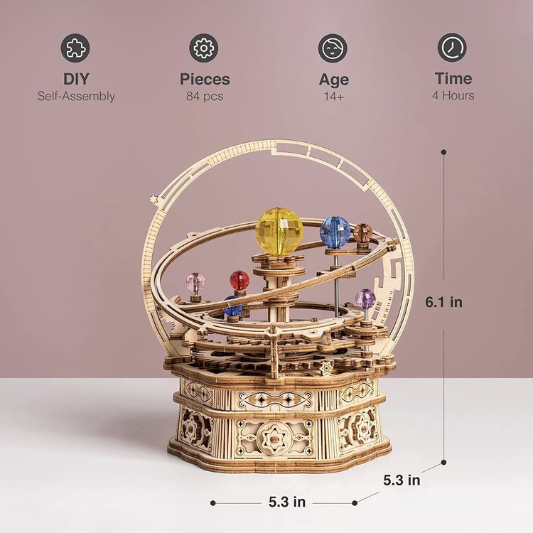 DIY wooden mechanical orrery model with colorful crystal planets, intricate gear details, tabletop display.