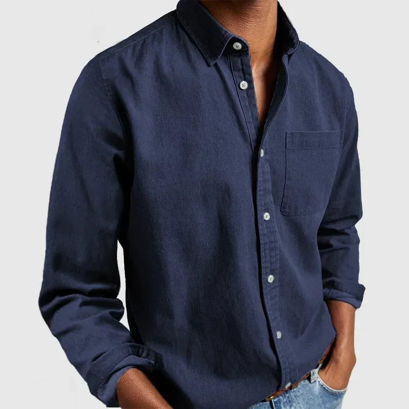 Men's navy blue button-up shirt, cotton fabric, relaxed fit, single chest pocket